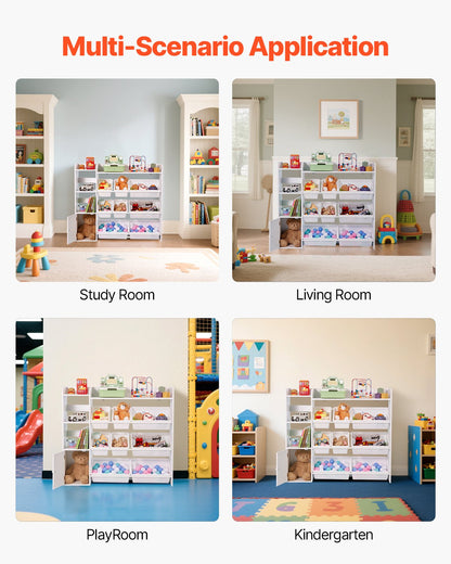 Kids Toy Storage and Bookshelf, 4-Tier Toy Storage Organizer with 8 Flexible Plastic Bins, Kids Cubby Cabinet with Bookshelf for Study Room, Bedroom, Playroom, Classroom, Nursery, White