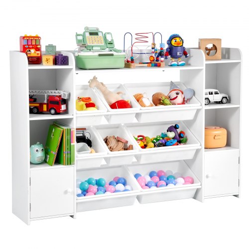 Kids Toy Storage and Bookshelf, 4-Tier Large Toy Storage Organizer with 8 Flexible Plastic Bins, Kids Cubby Cabinet with Bookshelf for Study Room, Bedroom, Playroom, Classroom, Nursery, White