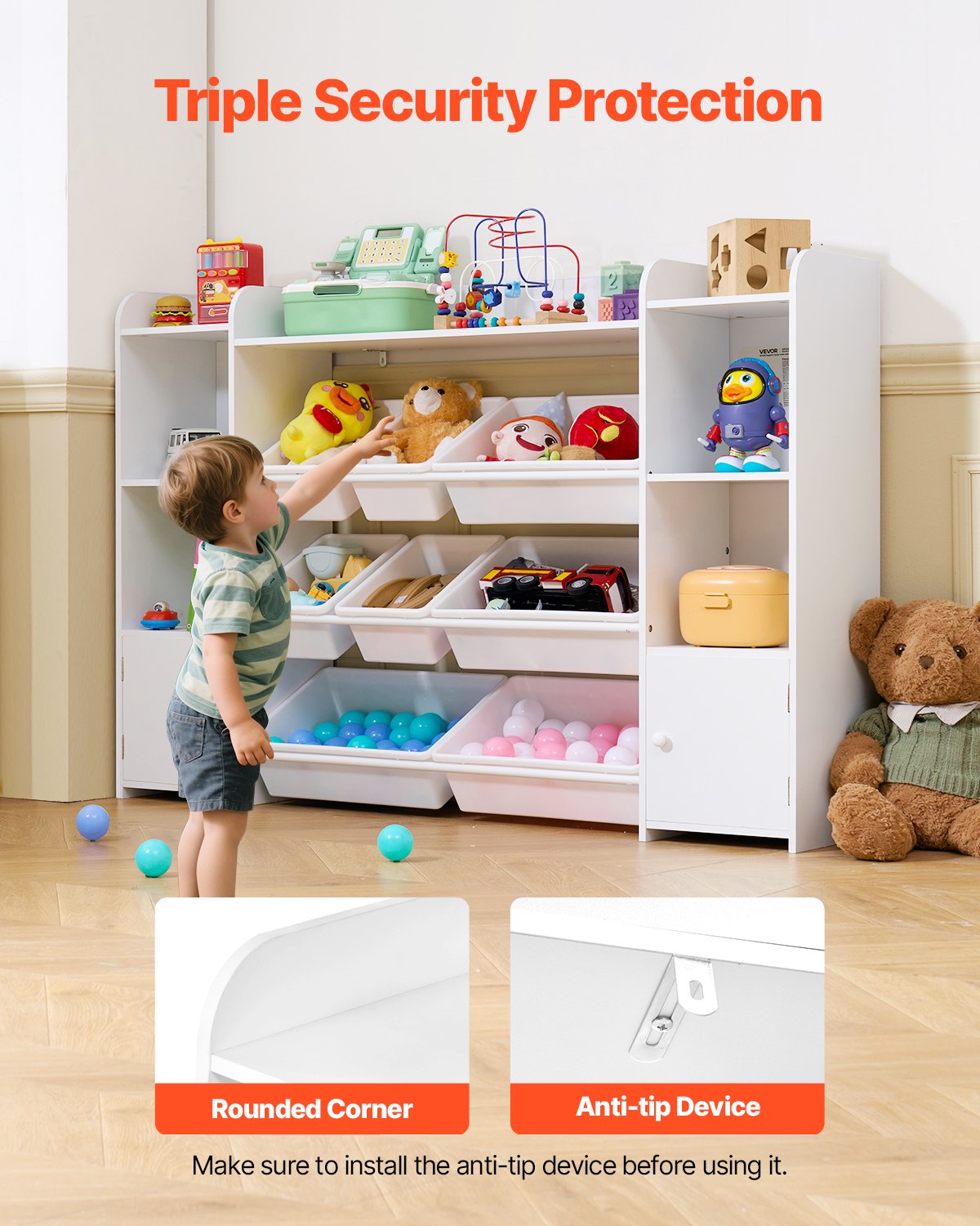 Kids Toy Storage and Bookshelf, 4-Tier Large Toy Storage Organizer with 8 Flexible Plastic Bins, Kids Cubby Cabinet with Bookshelf for Study Room, Bedroom, Playroom, Classroom, Nursery, White