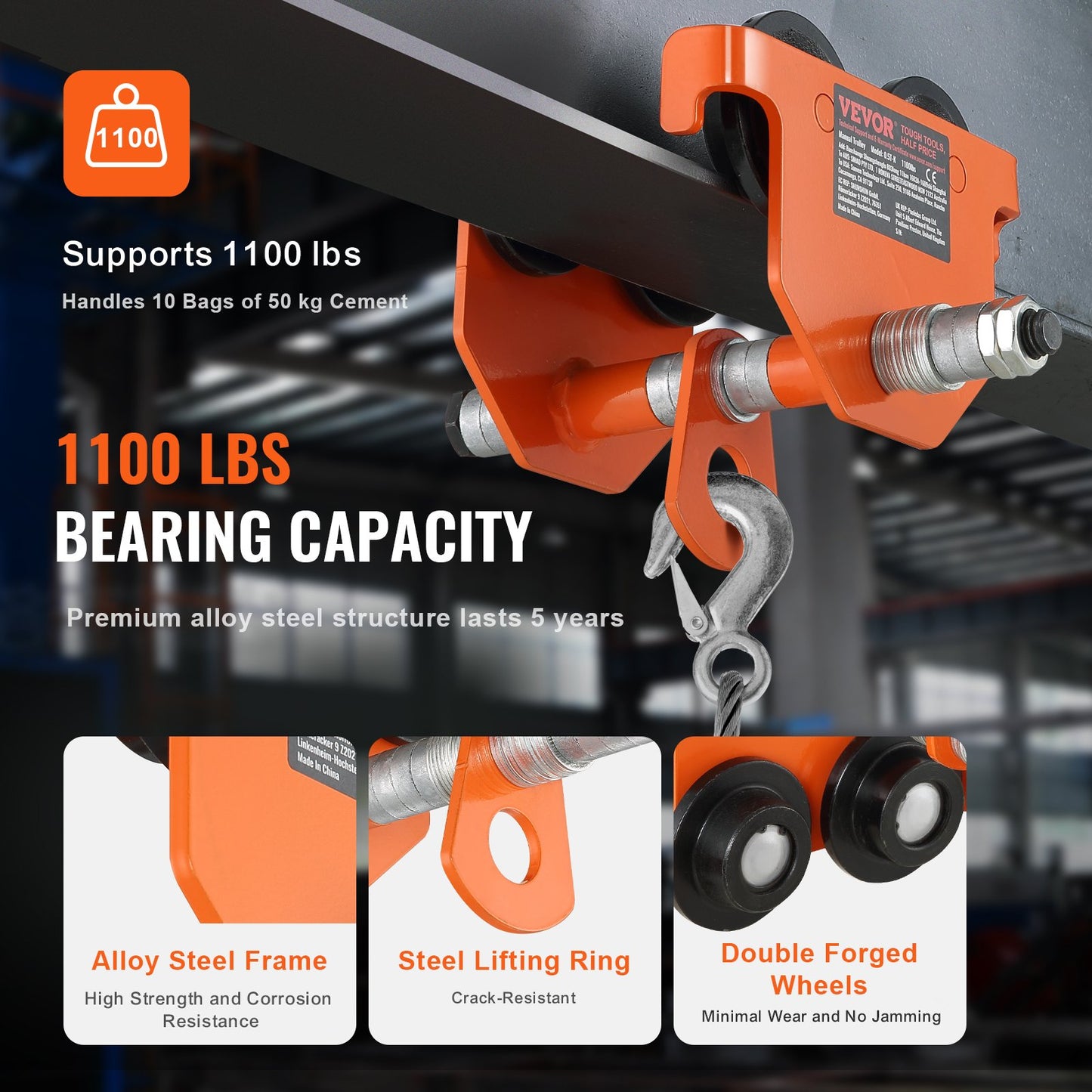 Manual Trolley, 1100 lbs/0.5 Ton Load Capacity, Push Beam Trolley with Dual Wheels, Adjustable for I-Beam Flange Width 2.5" to 8", Heavy Duty Alloy Steel Garage Hoist for Straight Curved I Beam