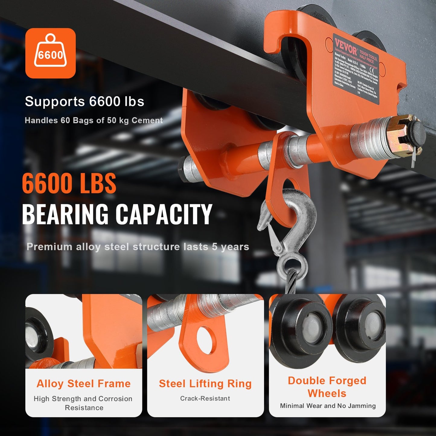 Manual Trolley, 6600 lbs/3 Ton Load Capacity, Push Beam Trolley with Dual Wheels, Adjustable for I-Beam Flange Width 2.5" to 8", Heavy Duty Alloy Steel Garage Hoist for Straight Curved I Beam