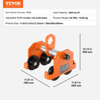 Manual Trolley, 6600 lbs/3 Ton Load Capacity, Push Beam Trolley with Dual Wheels, Adjustable for I-Beam Flange Width 2.5" to 8", Heavy Duty Alloy Steel Garage Hoist for Straight Curved I Beam