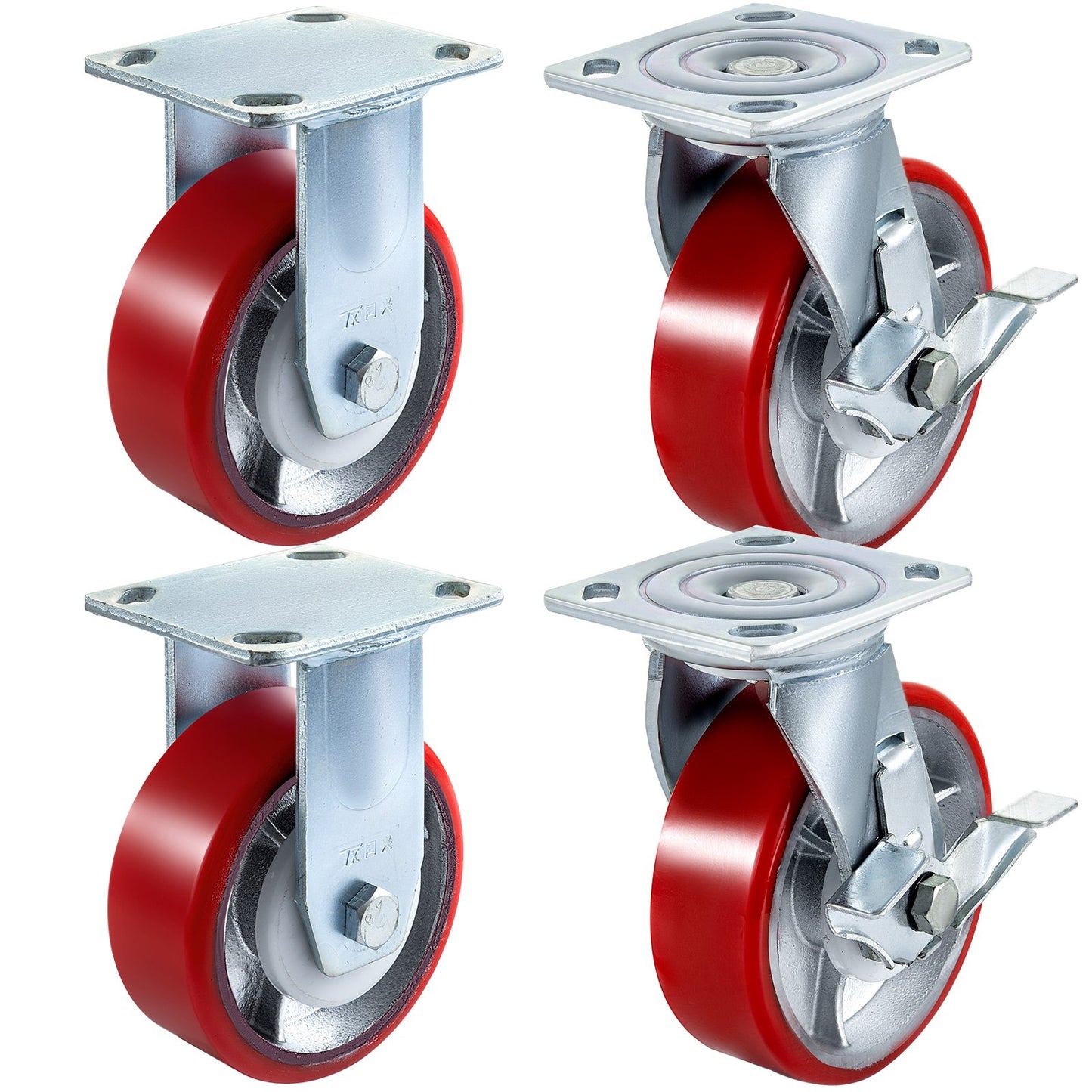 4-pack 6 x 2 inch casters 2 rigid and 2 swivel casters with side brake Polyurethane Iron plate 1000 LBS Capacity per wheel