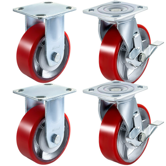 4-pack 6 x 2 inch casters 2 rigid and 2 swivel casters with side brake Polyurethane Iron plate 1000 LBS Capacity per wheel