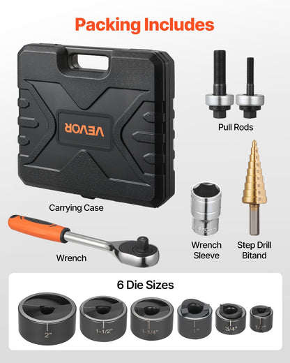 Knockout Punch Set, 1/2 to 2 inch SLUG-Buster Ratchet Knockout Set, Ratchet Wrench Knockouts Punch Sets for Aluminum, Mild steel, Fiberglass, Plastics, 6 Die Sizes, 40Cr Steel Ko Tool Kit