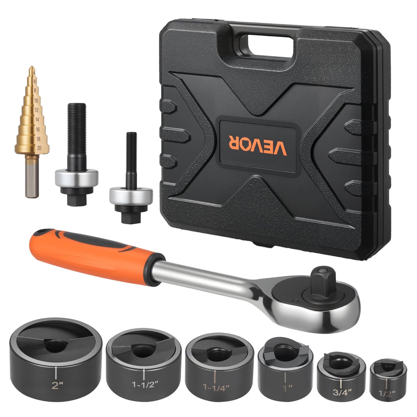 Knockout Punch Set, 1/2 to 2 inch SLUG-Buster Ratchet Knockout Set, Ratchet Wrench Knockouts Punch Sets for Aluminum, Mild steel, Fiberglass, Plastics, 6 Die Sizes, 40Cr Steel Ko Tool Kit