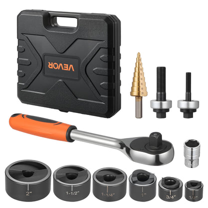 Knockout Punch Set, 1/2 to 2 inch SLUG-Buster Ratchet Knockout Set, Ratchet Wrench Knockouts Punch Sets for Aluminum, Mild steel, Fiberglass, Plastics, 6 Die Sizes, 40Cr Steel Ko Tool Kit