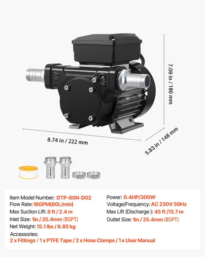 Oil Transfer Pump 110V, 16 GPM 60 L/min, AC Electric Fuel Transfer Pump for Diesel Kerosene Biodiesel, 8 ft/2.4 m Max Suction Lift, 45 ft/13.7 m Max Lift, for Vehicles, Construction Sites, Farms
