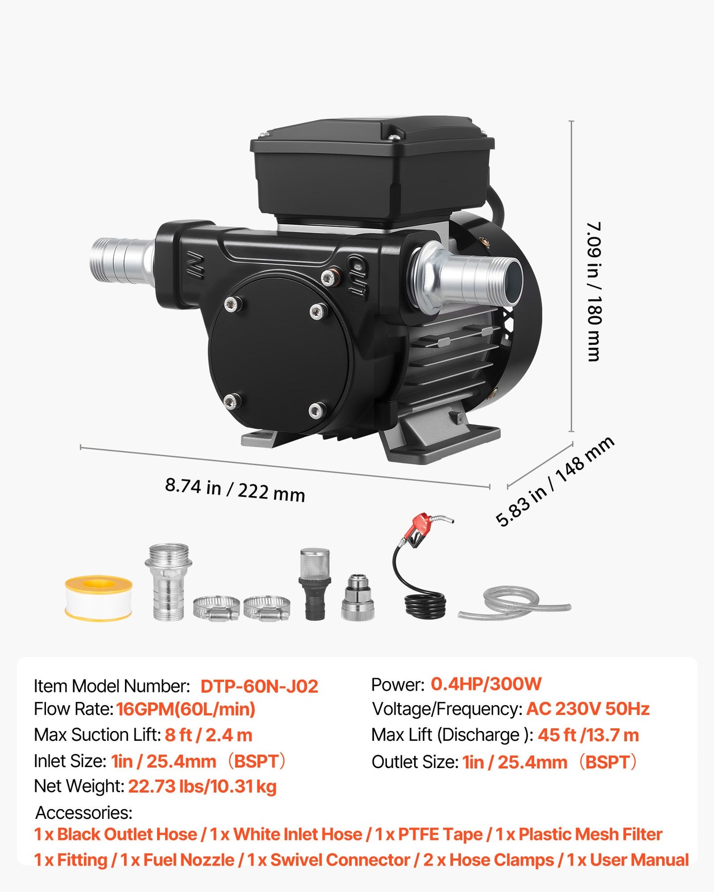 Fuel Transfer Pump 110V, 16 GPM 60 L/min, AC Electric Oil Transfer Pump for Diesel Kerosene Biodiesel, with Auto Fuel Nozzle & 2 Hoses, 45 ft/13.7 m Max Lift, for Vehicles, Construction Sites