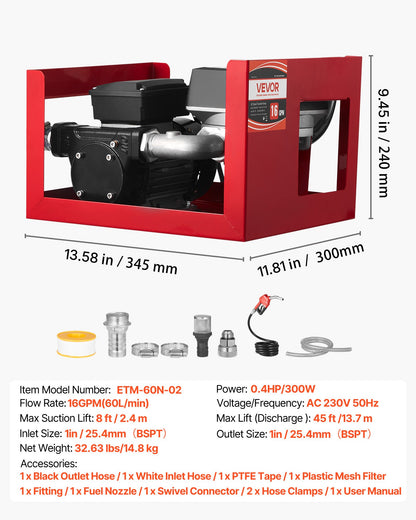 Fuel Transfer Pump 110V, 16 GPM 60 L/min, AC Electric Oil Transfer Pump for Diesel Kerosene Biodiesel, with Meter, Auto Fuel Nozzle & 2 Hoses, 45 ft/13.7 m Lift, for Vehicles, Construction Sites