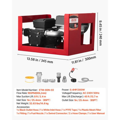Bränsleöverföringspump 230V, 16 GPM 60 L/min, AC elektrisk oljeöverföringspump för diesel fotogen biodiesel, med mätare, automatiskt bränslemunstycke och 2 slangar, 45 ft/13,7 m lyft, för fordon, byggarbetsplatser |  EU