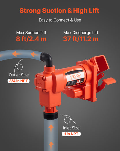 Fuel Transfer Pump 110V, 15 GPM 57 L/min, AC Electric Oil Transfer Pump, 8 ft/2.4 m Max Suction Lift, 37 ft/11.28 m Max Lift, Overheat Protection, for Gasoline Diesel Kerosene Biodiesel Ethanol