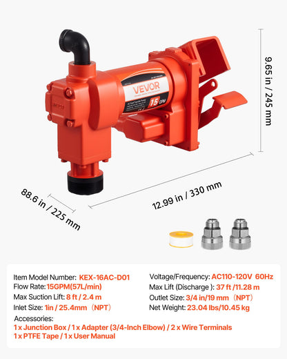 Fuel Transfer Pump 110V, 15 GPM 57 L/min, AC Electric Oil Transfer Pump, 8 ft/2.4 m Max Suction Lift, 37 ft/11.28 m Max Lift, Overheat Protection, for Gasoline Diesel Kerosene Biodiesel Ethanol