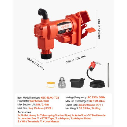 Bränsleöverföringspump 230V, 15 GPM 57 L/min, AC elektrisk oljeöverföringspump, med automatisk avstängning av bränslemunstycke och utloppsslang, högflödessats för bensin, diesel, fotogen, biodiesel, etanolblandningar |  EU