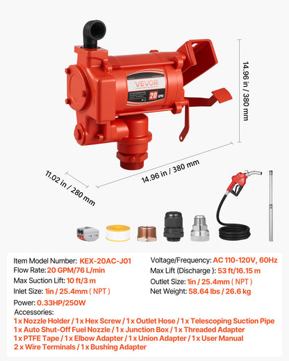 Fuel Transfer Pump 110V, 20 GPM 76 L/min, AC Electric Oil Transfer Pump, with Auto Shut-Off Fuel Nozzle & Discharge Hose, High Flow Kit for Gasoline, Diesel, Kerosene, Biodiesel, Ethanol Blends
