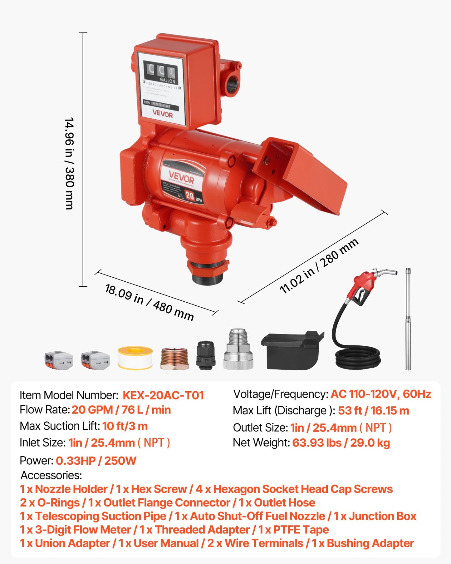 Fuel Transfer Pump 110V, 20 GPM 76 L/min, AC Electric Oil Transfer Pump, with Meter, Auto Shut-Off Fuel Nozzle & Discharge Hose, High Flow for Gasoline, Diesel, Kerosene, Biodiesel, Ethanol