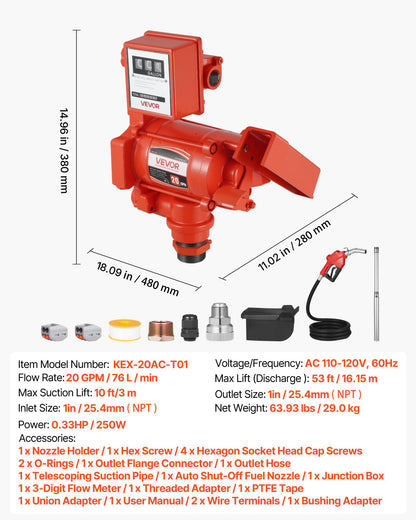 Fuel Transfer Pump 110V, 20 GPM 76 L/min, AC Electric Oil Transfer Pump, with Meter, Auto Shut-Off Fuel Nozzle & Discharge Hose, High Flow for Gasoline, Diesel, Kerosene, Biodiesel, Ethanol