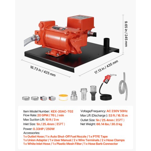 Bränsleöverföringspump 230V, 20 GPM 76 L/min, AC elektrisk oljeöverföringspump, med mätare, automatiskt avstängande bränslemunstycke och utloppsslang, högt flöde för bensin, diesel, fotogen, biodiesel, etanol |  EU
