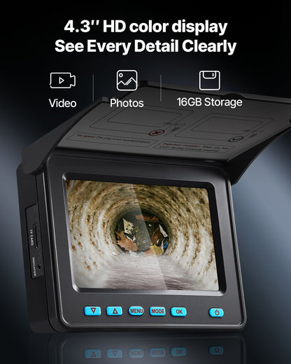 Sewer Camera, 164 ft/50m, Self-Leveling Drain Inspection Camera with 4.3" 1080P HD Screen, IP68 Waterproof Snake Plumbing Camera with Lights - 12 LEDs & 16GB Card for Sewer Line Duct Pipe