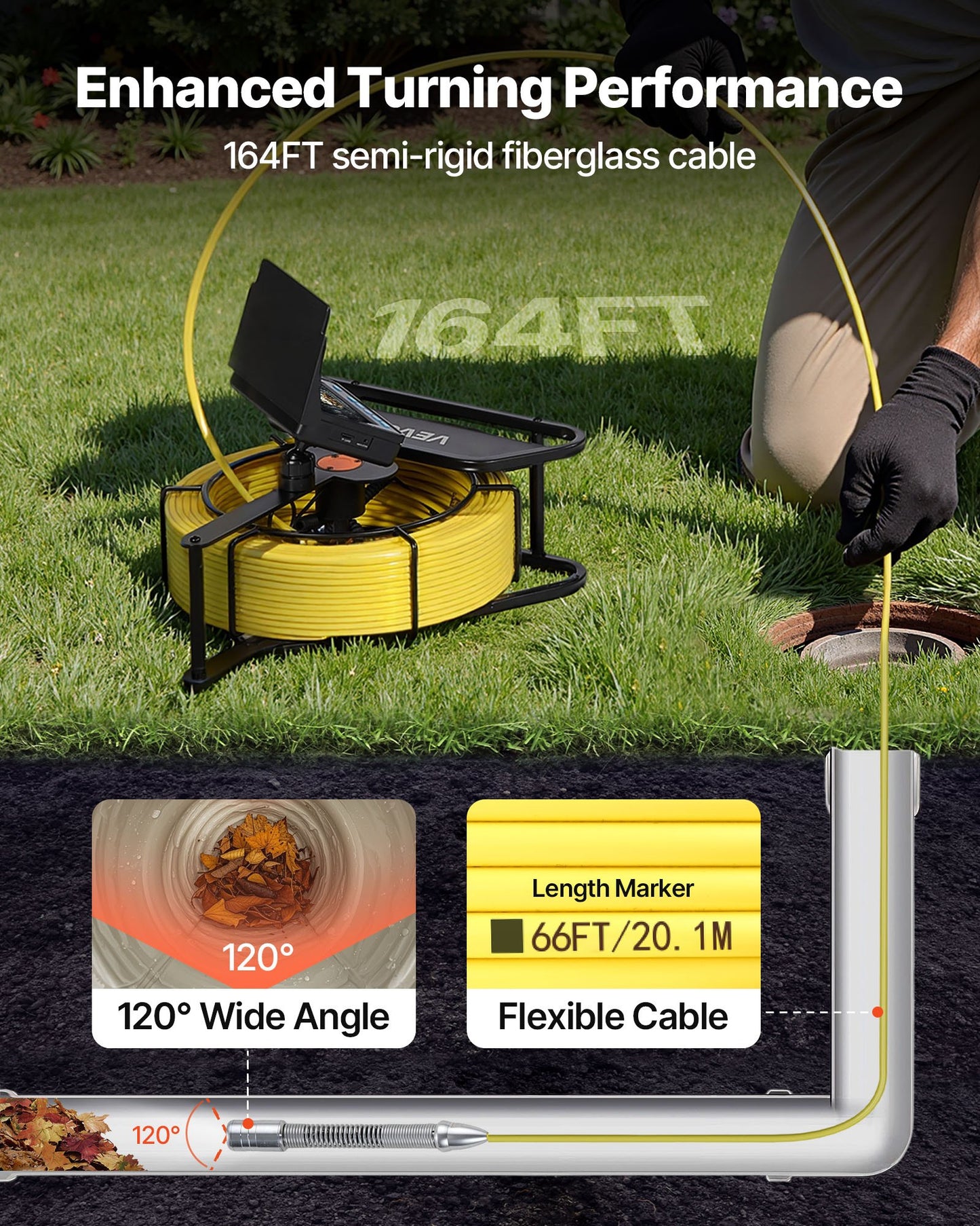 Sewer Camera, 164 ft/50m, Self-Leveling Drain Inspection Camera with 4.3" 1080P HD Screen, IP68 Waterproof Snake Plumbing Camera with Lights - 12 LEDs & 16GB Card for Sewer Line Duct Pipe