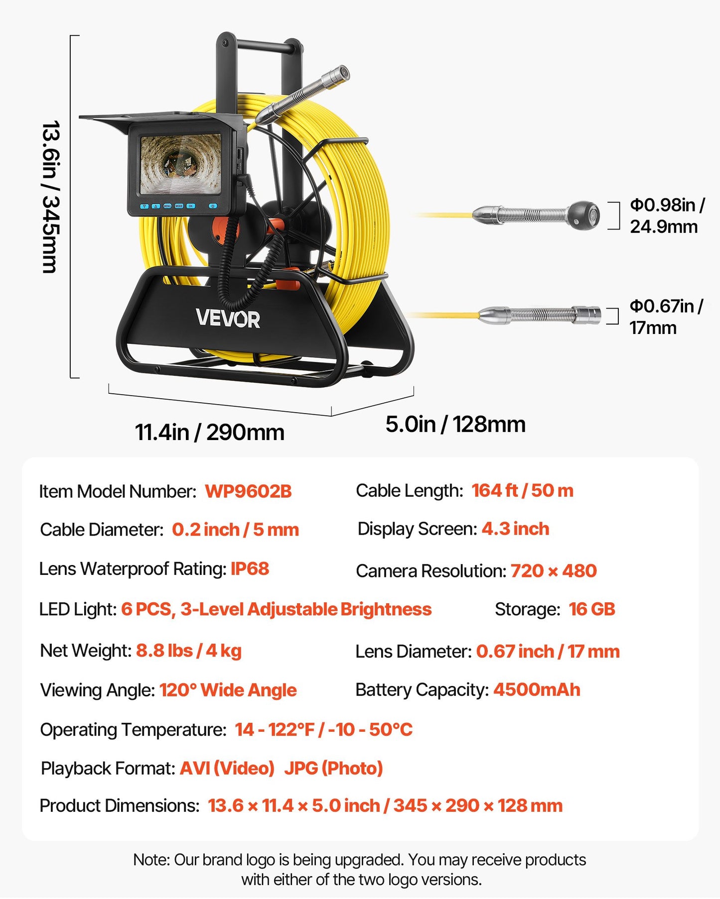 Sewer Camera, 164 ft/50m, 4.3" Drain Inspection Camera, IP68 Waterproof Snake Plumbing Camera with Lights - 6 Adjustable LEDs, 4500mAh Battery & 16GB Card for Sewer Line Duct Pipes