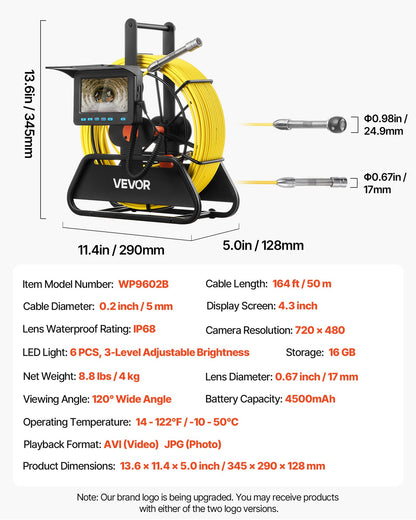 Sewer Camera, 164 ft/50m, 4.3" Drain Inspection Camera, IP68 Waterproof Snake Plumbing Camera with Lights - 6 Adjustable LEDs, 4500mAh Battery & 16GB Card for Sewer Line Duct Pipes