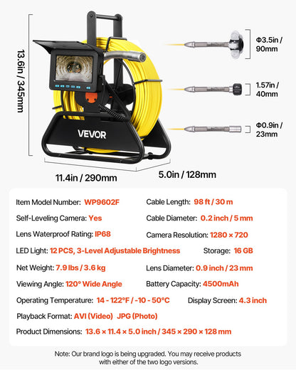 Sewer Camera, 98 ft/30m, Self-Leveling Drain Inspection Camera with 4.3" 1080P HD Screen, IP68 Waterproof Snake Plumbing Camera with Lights - 12 LEDs & 16GB Card for Sewer Line Duct Pipe