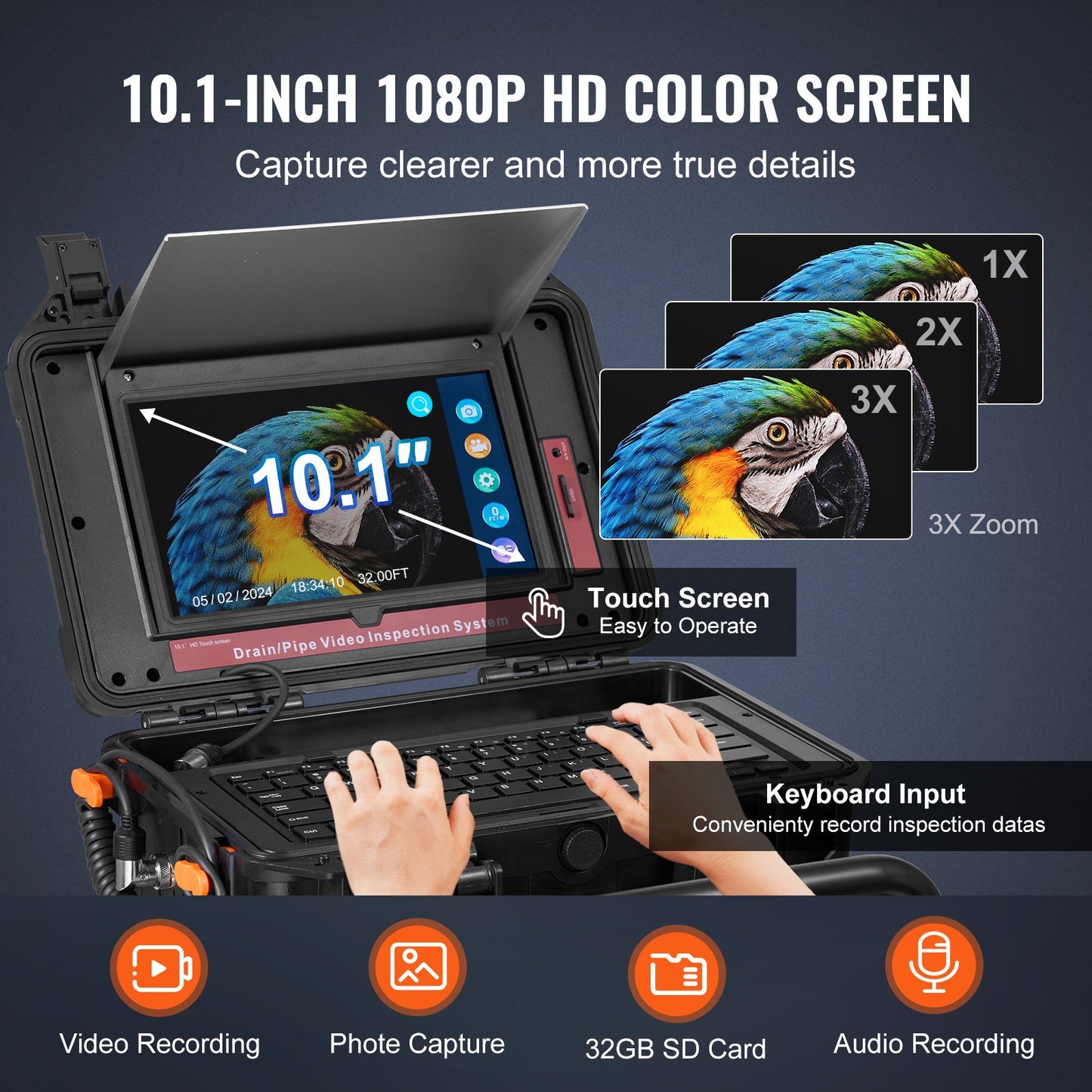 Sewer Camera, 165 ft/50m, Self-Leveling Drain Camera with 10.1" Touchscreen, 512Hz Transmitter & Distance Counter, IP67 Snake Plumbing Camera with Lights-12 LED, 32GB Card for Duct Pipe