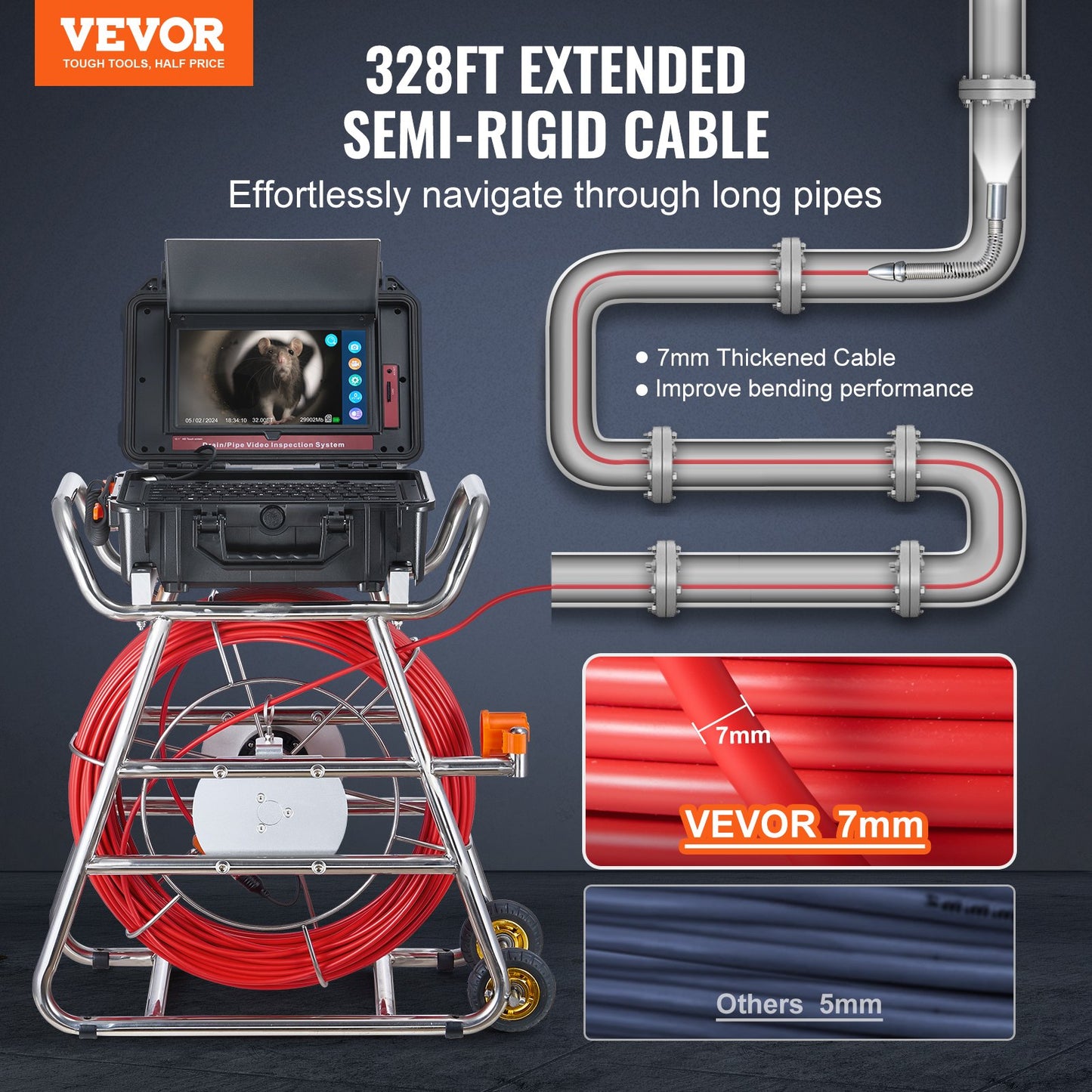 Sewer Camera, 328 ft/100m, Self-Leveling Drain Camera with 10.1" Touchscreen, 512Hz Transmitter & Distance Counter, IP67 Snake Plumbing Camera with Lights-12 LED, 32GB Card for Duct Pipe