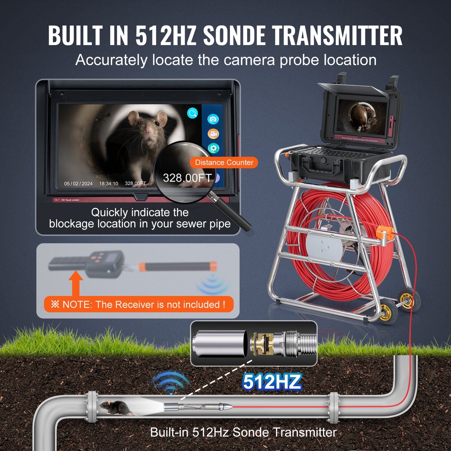 Sewer Camera, 328 ft/100m, Self-Leveling Drain Camera with 10.1" Touchscreen, 512Hz Transmitter & Distance Counter, IP67 Snake Plumbing Camera with Lights-12 LED, 32GB Card for Duct Pipe