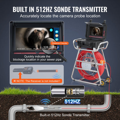 Sewer Camera, 328 ft/100m, Self-Leveling Drain Camera with 10.1" Touchscreen, 512Hz Transmitter & Distance Counter, IP67 Snake Plumbing Camera with Lights-12 LED, 32GB Card for Duct Pipe