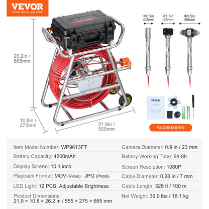 Sewer Camera, 328 ft/100m, Self-Leveling Drain Camera with 10.1" Touchscreen, 512Hz Transmitter & Distance Counter, IP67 Snake Plumbing Camera with Lights-12 LED, 32GB Card for Duct Pipe