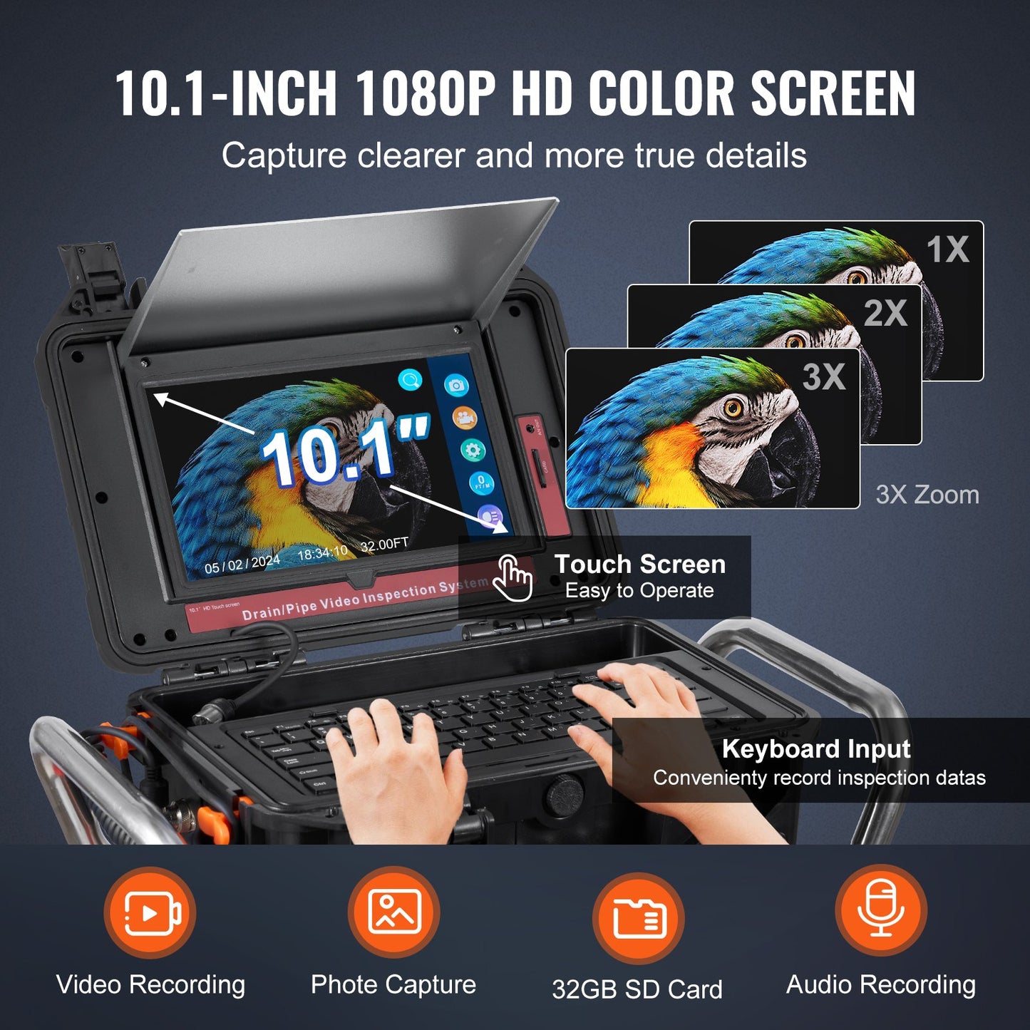 Avloppskamera 328 fot/100 m självnivellerande avloppskamera med 10,1" pekskärm