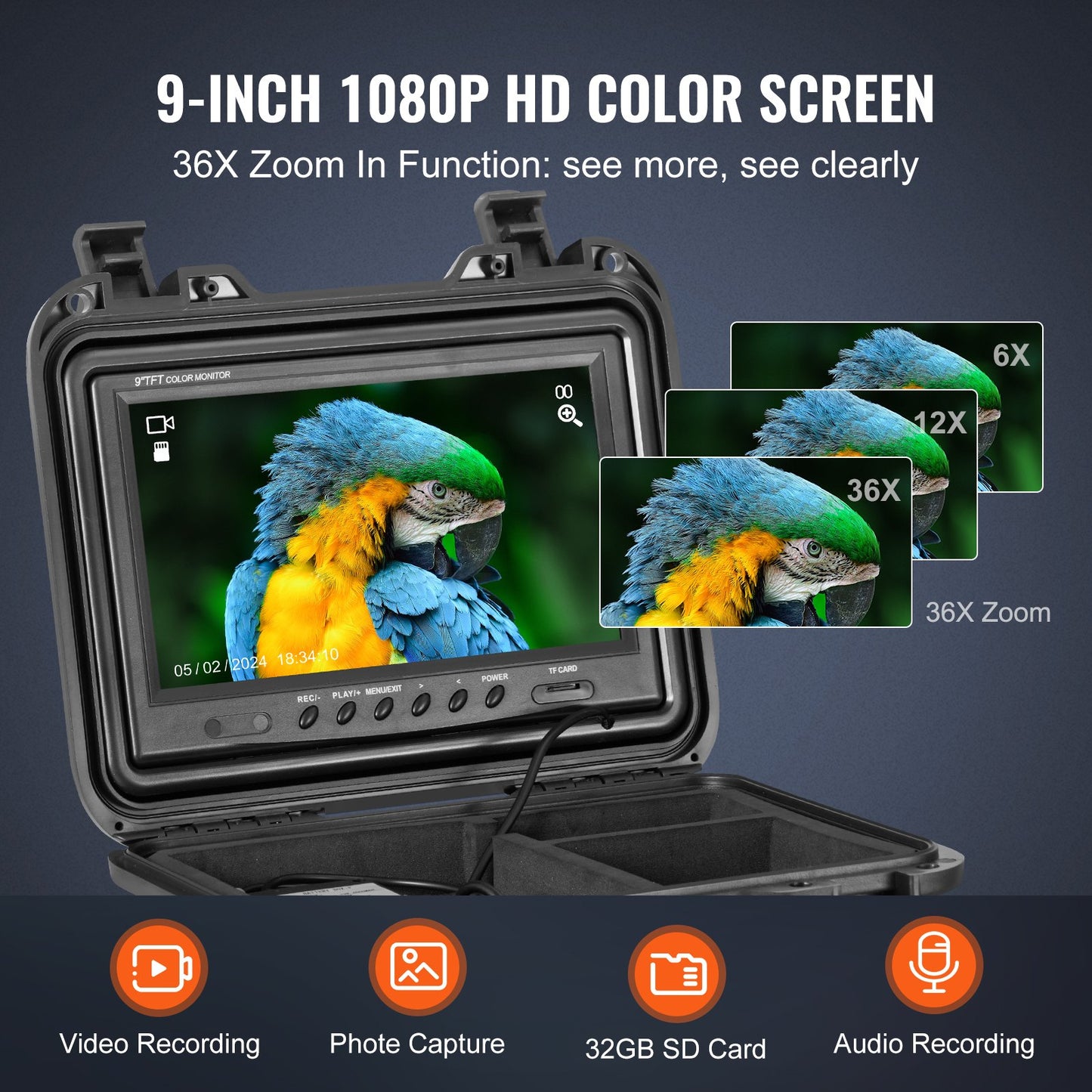 Sewer Camera, 98 ft/30m, Self-Leveling Drain Inspection Camera with 9" 1080P HD Screen, 36X Zoom, IP68 Waterproof Plumbing Camera with Lights-12 LED, 32GB Card Snake Camera for Duct Pipe