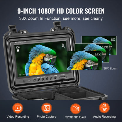Sewer Camera, 98 ft/30m, Self-Leveling Drain Inspection Camera with 9" 1080P HD Screen, 36X Zoom, IP68 Waterproof Plumbing Camera with Lights-12 LED, 32GB Card Snake Camera for Duct Pipe