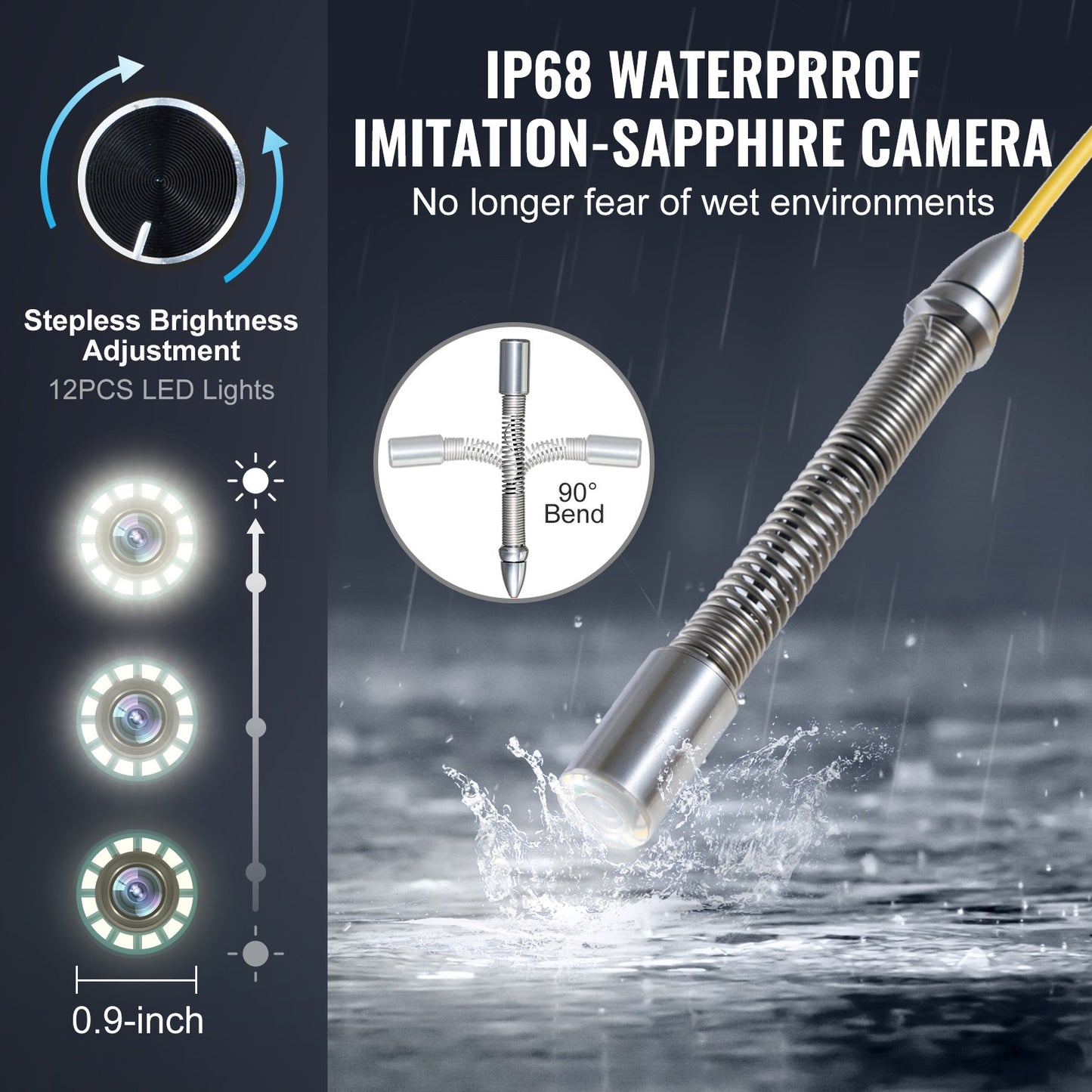 Sewer Camera, 98 ft/30m, Self-Leveling Drain Inspection Camera with 9" 1080P HD Screen, 36X Zoom, IP68 Waterproof Plumbing Camera with Lights-12 LED, 32GB Card Snake Camera for Duct Pipe