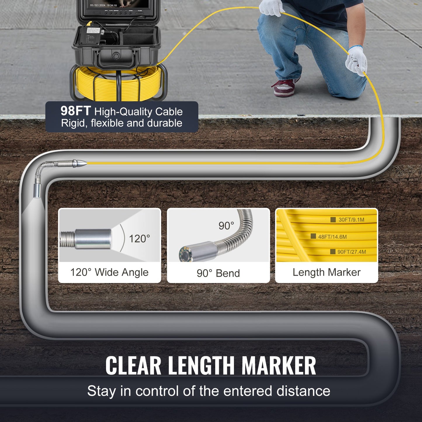 Sewer Camera, 98 ft/30m, Self-Leveling Drain Inspection Camera with 9" 1080P HD Screen, 36X Zoom, IP68 Waterproof Plumbing Camera with Lights-12 LED, 32GB Card Snake Camera for Duct Pipe