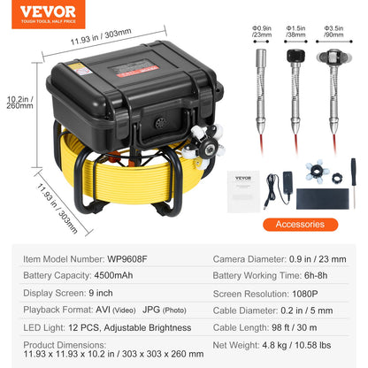 Sewer Camera, 98 ft/30m, Self-Leveling Drain Inspection Camera with 9" 1080P HD Screen, 36X Zoom, IP68 Waterproof Plumbing Camera with Lights-12 LED, 32GB Card Snake Camera for Duct Pipe