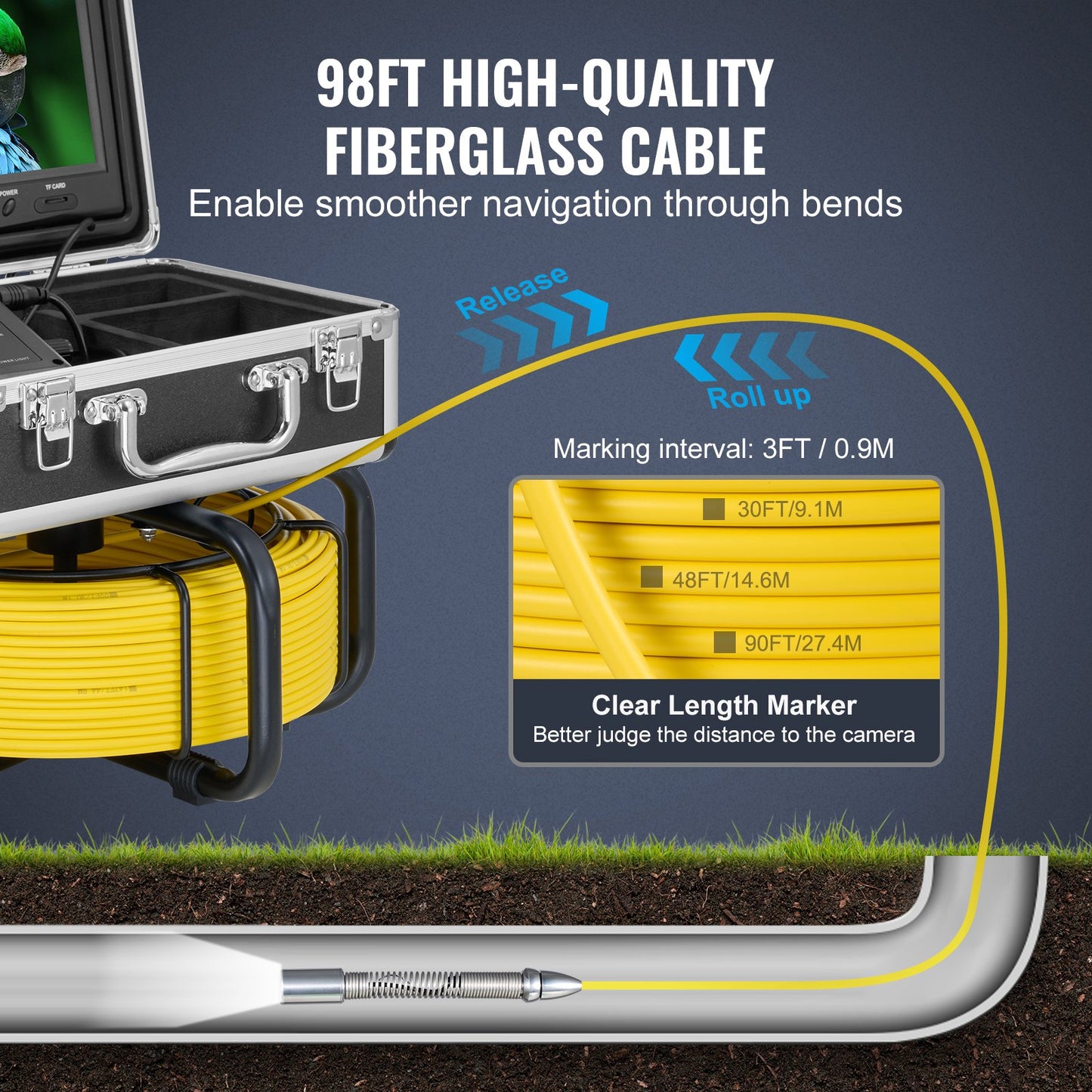 Sewer Camera with 512Hz Locator, 98 ft/30 m, Self-Leveling Drain Inspection Camera with 9" 1080P HD Screen, 36X Zoom, Snake Plumbing Camera with Lights-12 LED, 32GB SD Card for Duct Pipe
