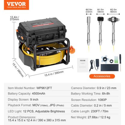 Sewer Camera, 230 ft/70m, Self-Leveling Drain Camera with 512Hz Transmitter, Distance Counter, 9" Screen 1080P HD Snake Plumbing Camera with Light-12 LED & 32GB Card for Duct Pipe