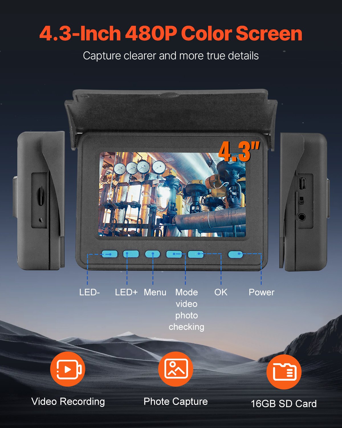 Sewer Camera 30m 4,3-tums kanalkamera med 6 justerbara lysdioder 16GB kort