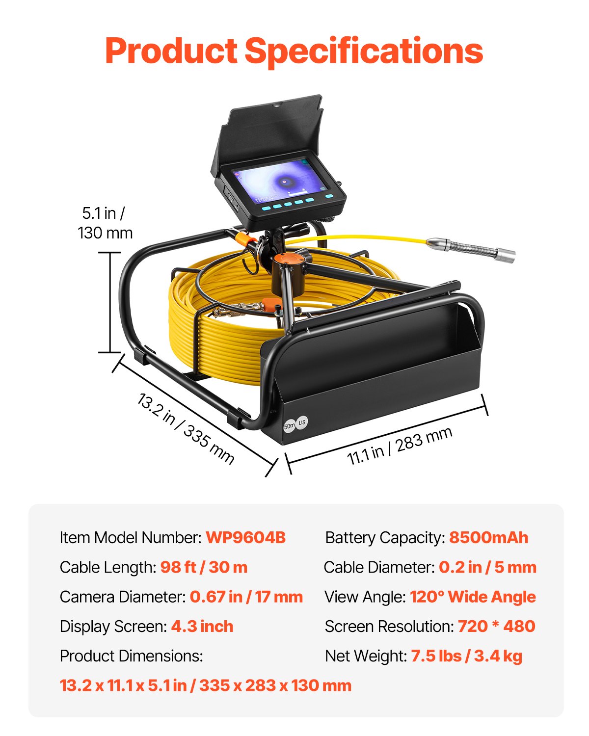 Sewer Camera 30m 4,3-tums kanalkamera med 6 justerbara lysdioder 16GB kort