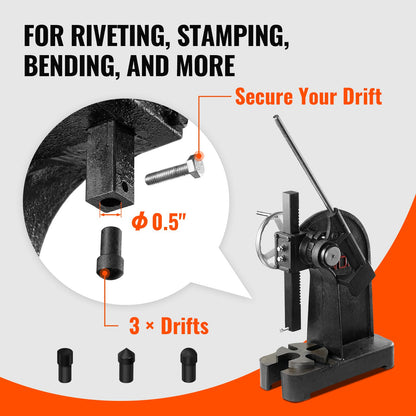 Arbor Press, 3 Ton Ratchet Type Arbor Press, Ratchet Leverage Arbor Press with Handwheel, 12.2" Maximum Height, Cast Iron Manual Desktop Punch Press, for Stamping, Bending, Stretching, Forming