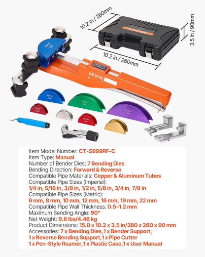Tubing Bender Kit, 1/4 to 7/8 Inch, Compact Ratcheting Tube Pipe Bender, Forward/Reverse Hand Bending Tool, with 7 Color Aluminium Alloy Dies, for Copper HVAC Air Conditioning Refrigeration