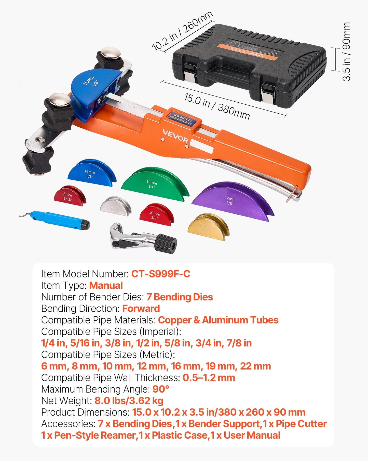Tubing Bender Kit, 1/4 to 7/8 Inch, Compact Ratcheting Tube Pipe Bender, Ratchet Hand Bending Tool, with 7 Color Aluminium Alloy Dies, HVAC Tools, for Copper HVAC Air Conditioning Refrigeration