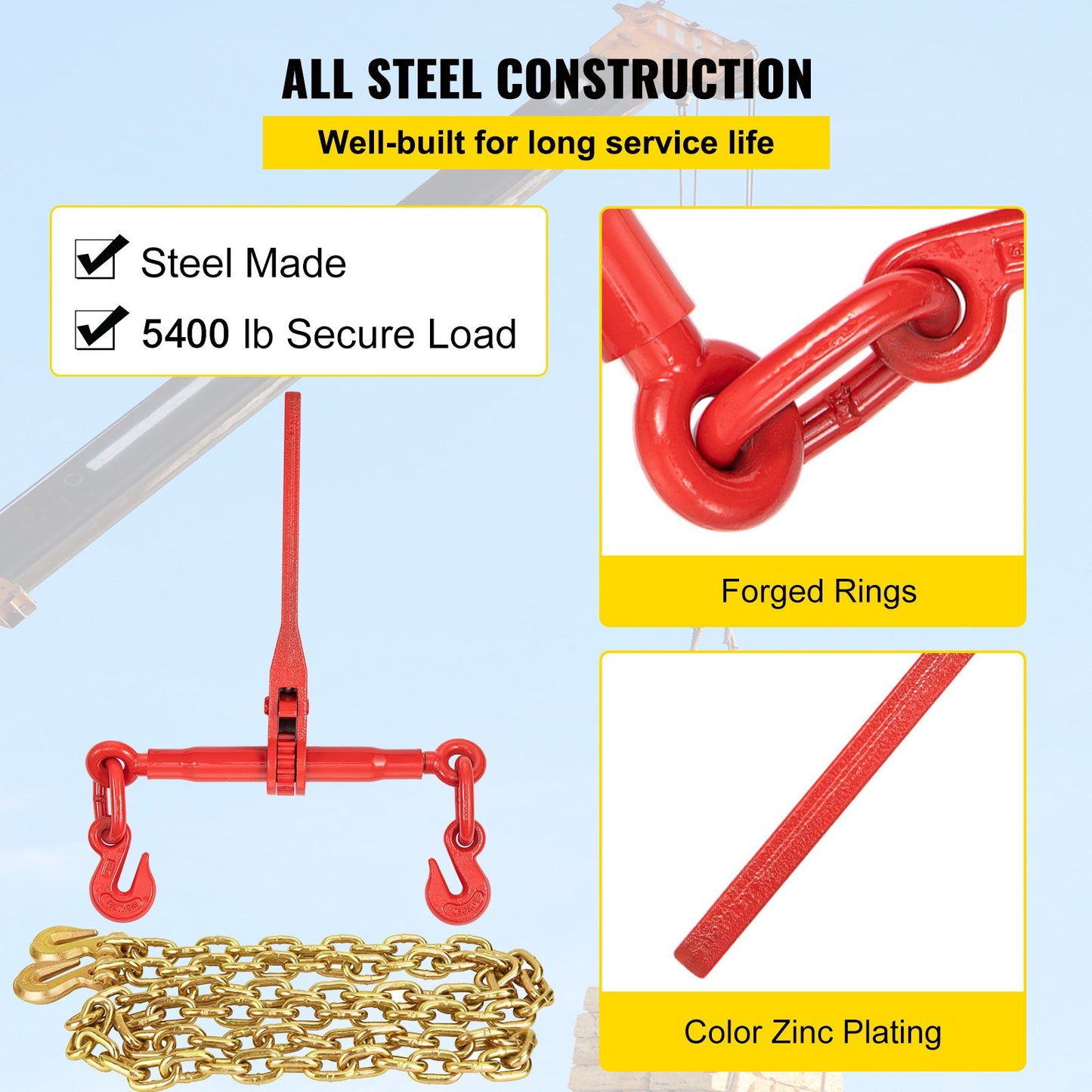Chain Load Binder, 5/16\" Tie Down Kit with 6600LBS Working Load Capacity and Two Grapple Hooks, Includes (4) Ratchet Tie Downs - (4) 21\' Grade 80 Chains, Transport Load Pack for Pulling, Towing