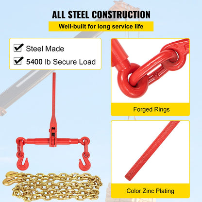 Chain Load Binder, 5/16\" Tie Down Kit with 6600LBS Working Load Capacity and Two Grapple Hooks, Includes (4) Ratchet Tie Downs - (4) 21\' Grade 80 Chains, Transport Load Pack for Pulling, Towing