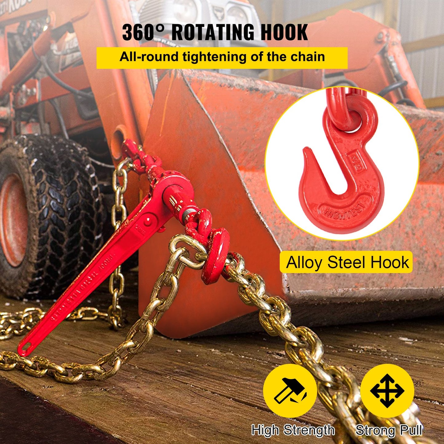 Chain Load Binder, 5/16\" Tie Down Kit with 6600LBS Working Load Capacity and Two Grapple Hooks, Includes (4) Ratchet Tie Downs - (4) 21\' Grade 80 Chains, Transport Load Pack for Pulling, Towing