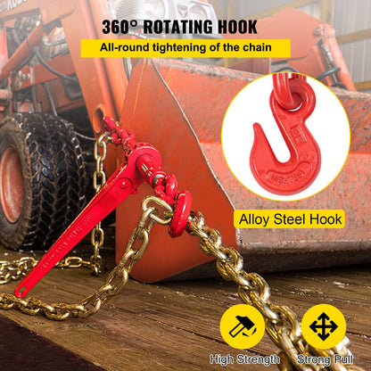 Chain Load Binder, 5/16\" Tie Down Kit with 6600LBS Working Load Capacity and Two Grapple Hooks, Includes (4) Ratchet Tie Downs - (4) 21\' Grade 80 Chains, Transport Load Pack for Pulling, Towing