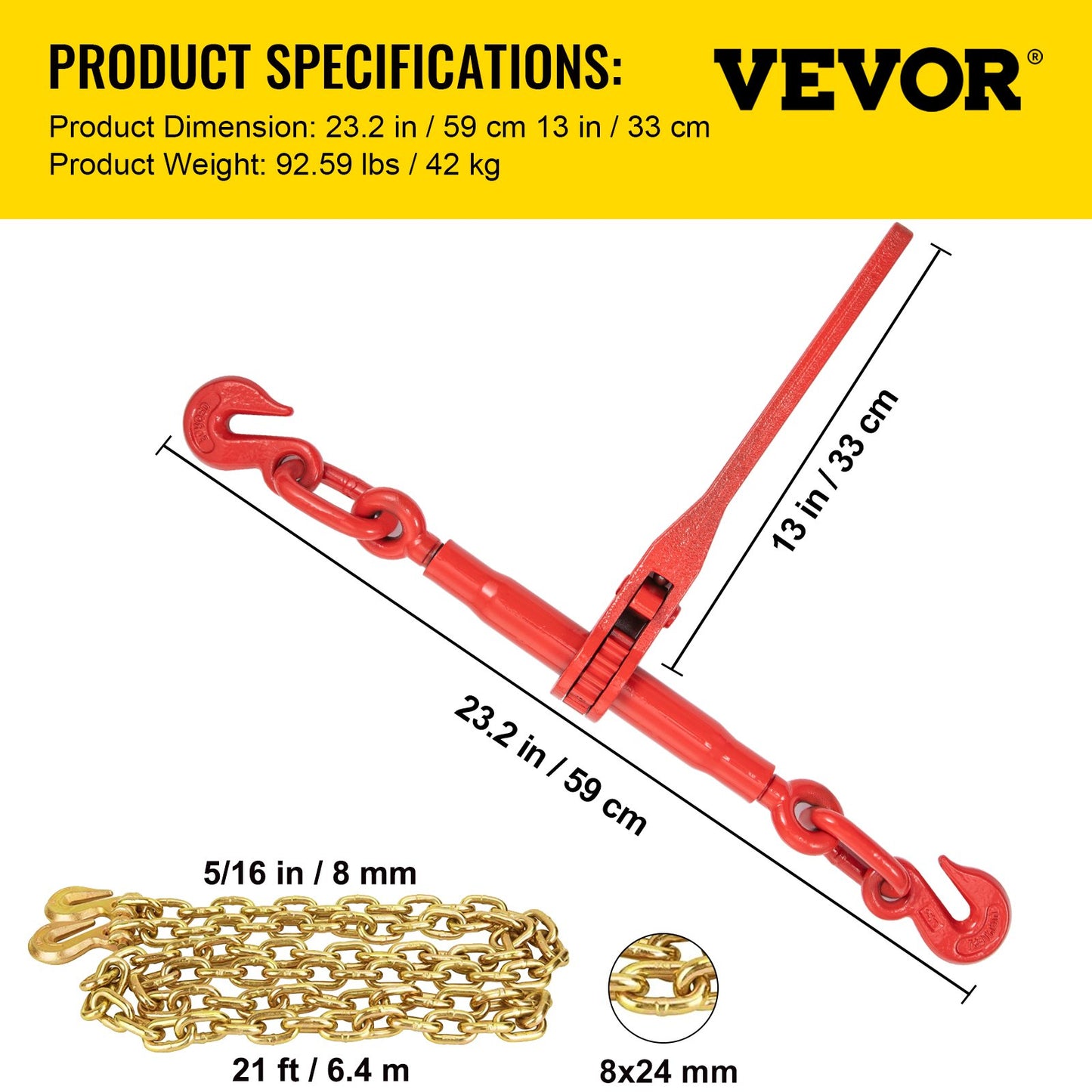 Chain Load Binder, 5/16\" Tie Down Kit with 5400LBS Working Load Capacity and Two Grab Hooks, Includes (4) Ratchet Binders - (4) 21\' Grade 80 Chains, Transport Load Package for Hauling, Towing